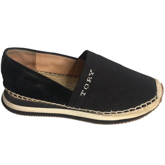 Tory Burch Shoes Womens Size 8.5 Black Espadrille Slip-On Canvas Jute Logo Flat - Picture 5 of 16